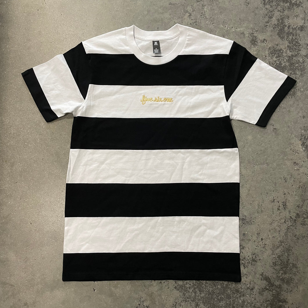 561 T-shirt Striped Fish Script Black/White/Gold
