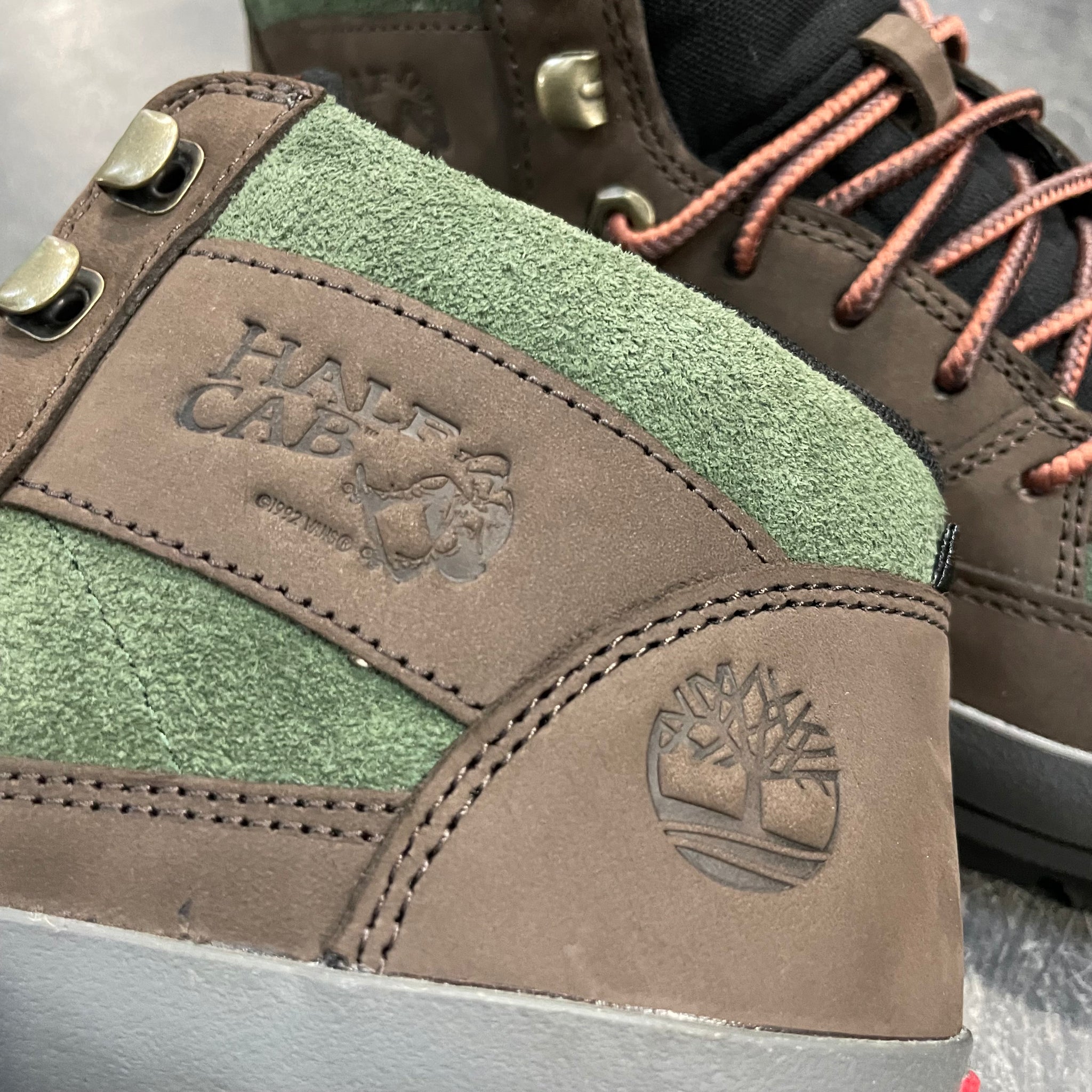 Tan and top green timberland boots